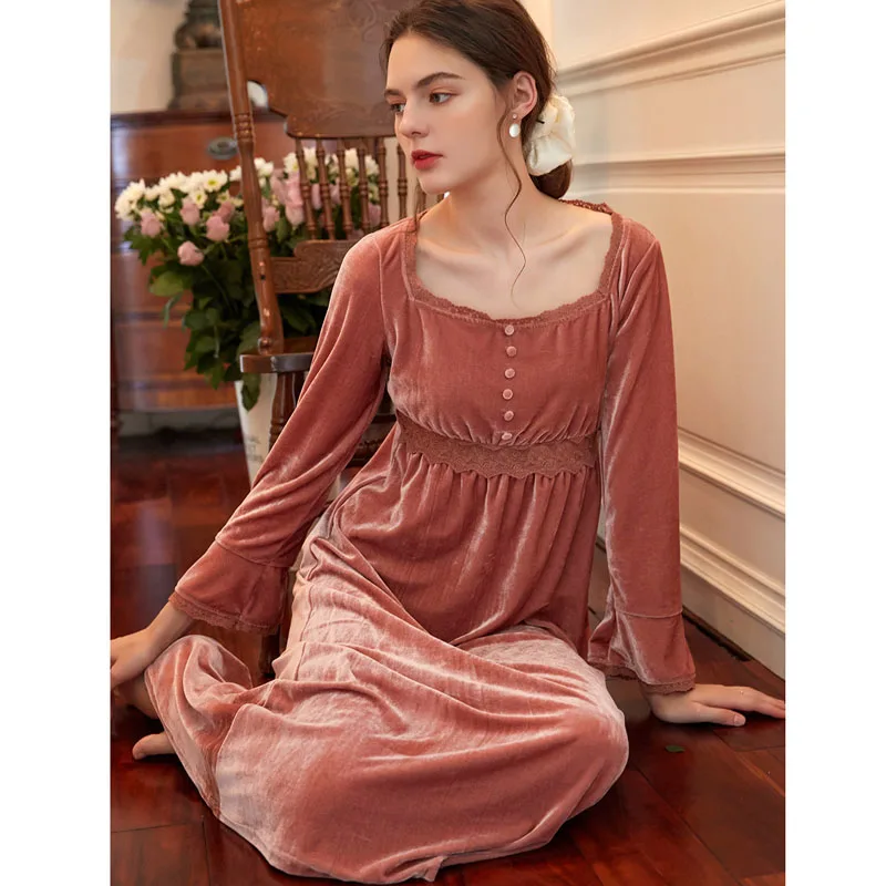 Phoentin Vintage velvet nightdress Žien Jeseň nightgown long-sleeve sexy šaty Elegantné Sleepwear Princezná domáce oblečenie FG211
