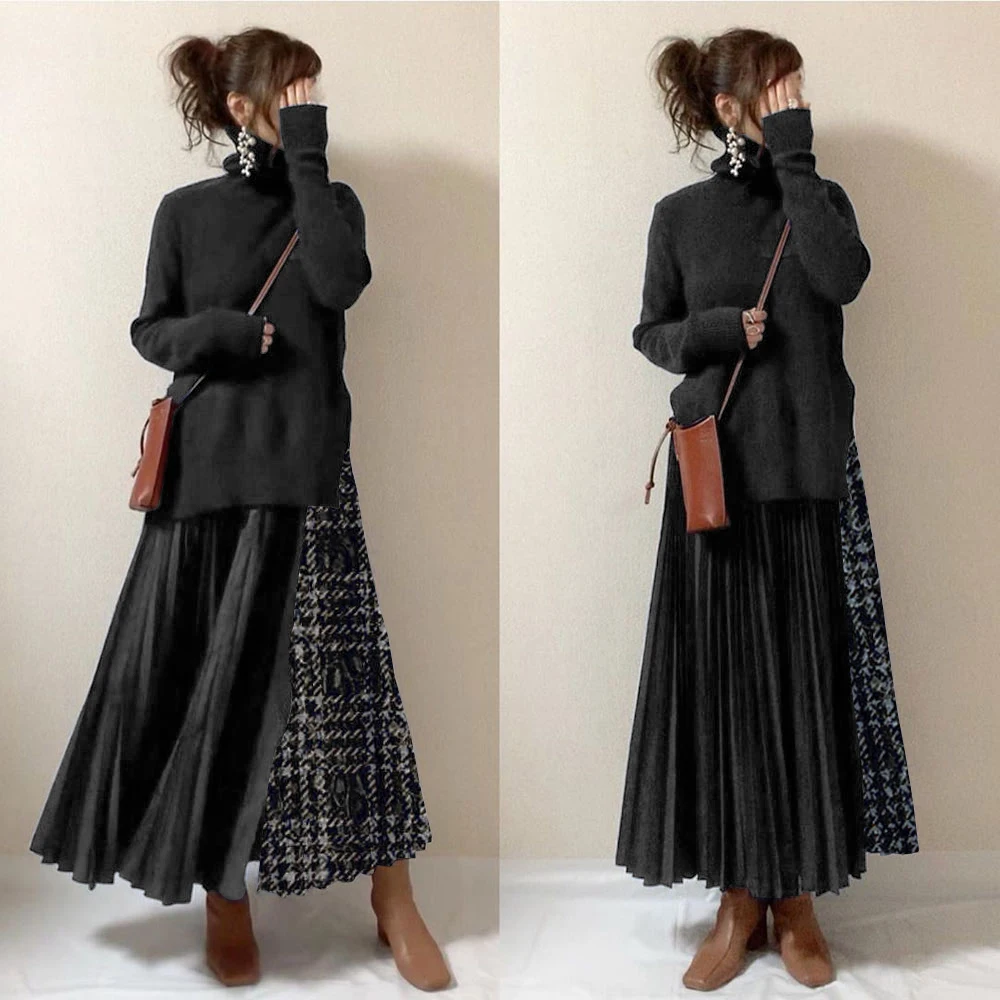 Pletené Šaty Žien 2020 Elegantné Pulóvre kórejský Japonskom Štýle Knitwear Dlhý Rukáv Patchwork Maxi Šaty Femme Vestiods Nové