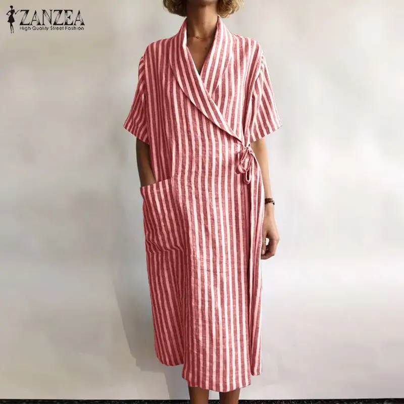 Plus Veľkosť dámske Letné Sundress ZANZEA 2021 Štýlový Pruhovaný Tričko Šaty Bežné Krátky Rukáv Midi Vestidos Žena Klope Župan