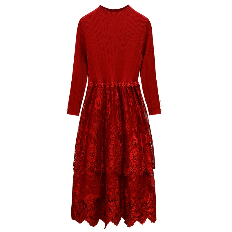 Plus veľkosť-line dlhé pletené šaty žien 2020 jeseň zimné trendy turtleneck lištovanie čipky patchwork Žena svetre