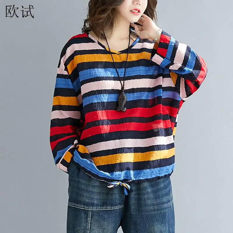 Plus Veľkosť Pruhované Tričko 2020 Lete Ženy Tričko Bavlna Bielizeň kórejský T-shirt Long Sleeve Tee Tričko Femme Voľné Topy Móde