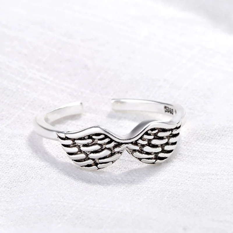 Populárne tvorivé anjel krídla krídla otvoriť krúžok retro jednoduché a staré umenie šperky s príslušenstvom, striebro 925 farba krúžok pre ženy