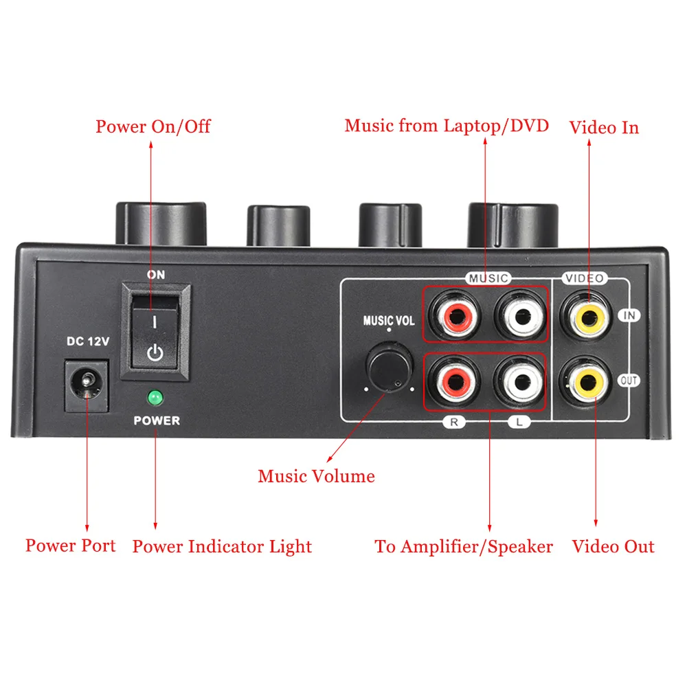 Prenosné Nahrávacie Zvuk Stereo Echo Mixér Duálny Mikrofón Vstupy w/ RCA Kábel Napájací Adaptér pre TV, PC, Smartphone Zosilňovač