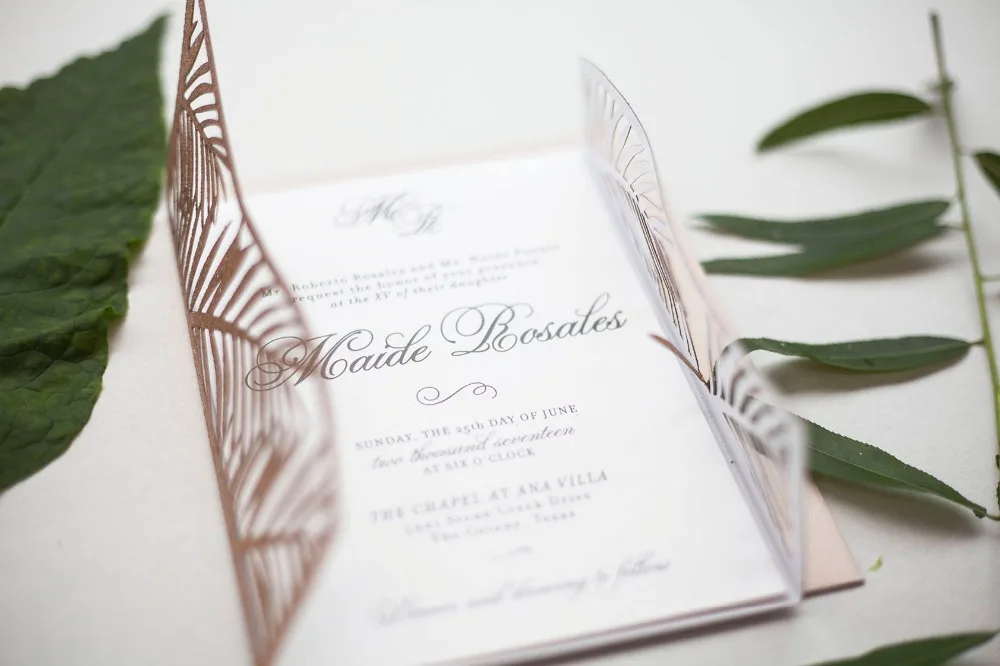 Prispôsobený Rose Gold tropické Laserom Rezané Svadobné oznámenia,palma štýl pozvánky, osobné vytlačené zložené karty