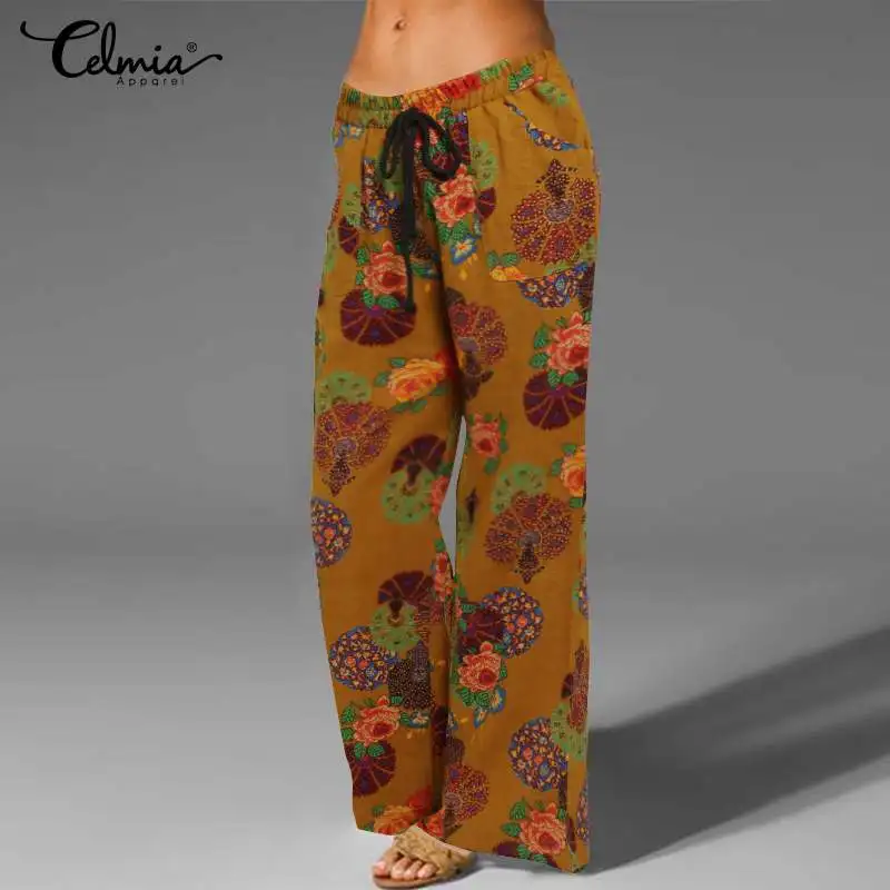 Príležitostné Voľné Jeseň Nohavice Celmia Plus Veľkosť Womens Vytlačené Nohavice Bielizeň Šnúrkou Voľné Dlhé Nohavice Vintage Pantalones Femme 7