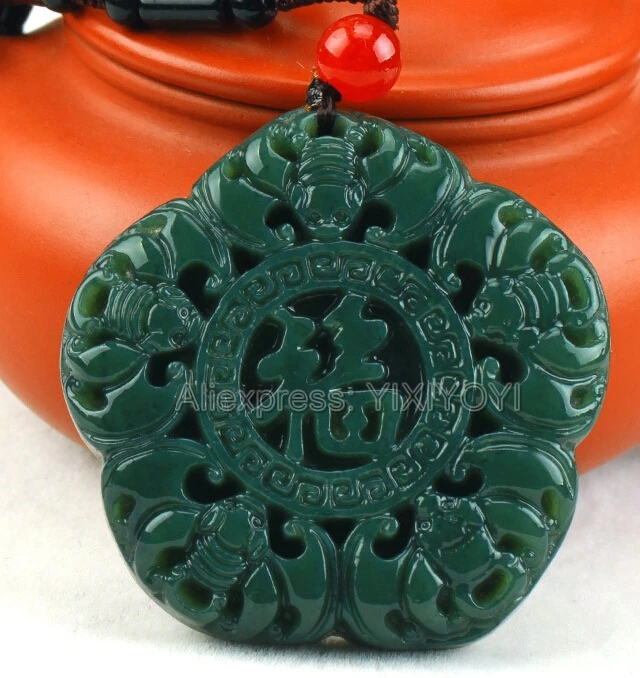 Prírodné Zelené HeTian Jade Vyrezávané Čínsky Päť Bat Fu Požehnanie Amulet Lucky Prívesok + Zadarmo Náhrdelník + Certifikát Jemné Šperky