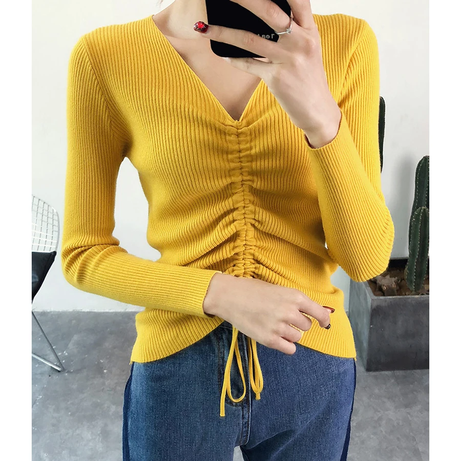 Príčinné čipky v krku pletený sveter ženy Slim chudá zimný sveter jumper 2020 Jeseň zrastov vytiahnuť femme pulóver Žltá, Béžová