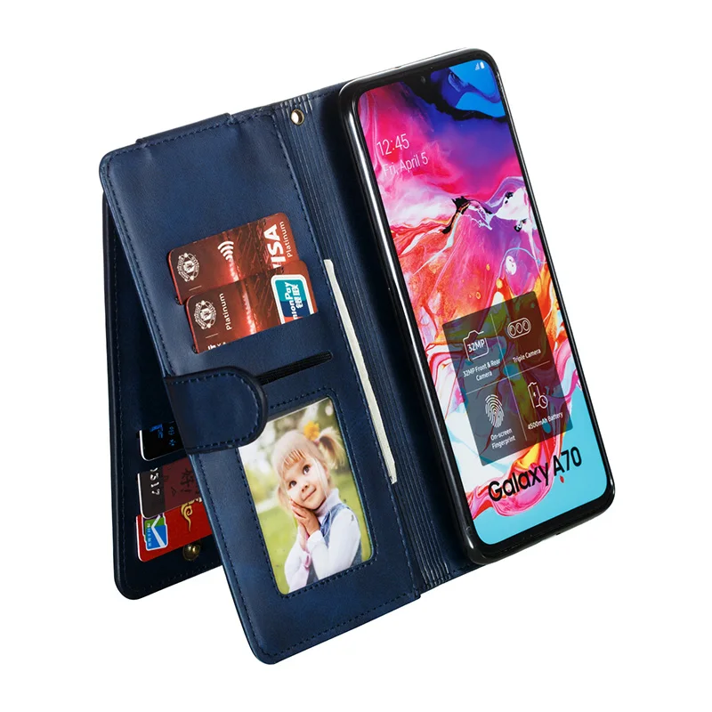 Puzdro Pre Samsung A7 2018 A750 Zips 9 Karta Peňaženky, Kožené Puzdro Flip Pre Samsung Galaxy A8 2018 A40 A50 A70 Magnetické Telefón Prípadoch