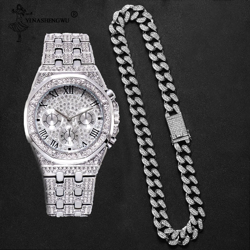 Pánske náramkové hodinky 2020 Muži Hodinky Top Značky Luxusné Bling Gold Color Šperky AAA Hip Hop Vodotesné Hodinky & Reťazca & Náramok Nastaviť