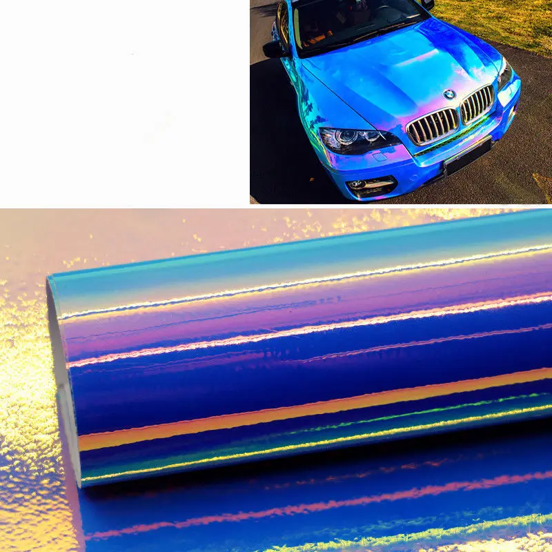 Rainbow Holografické Neo Chróm Vinyl Auto Zábal Nálepky Modrá Farba Cool Dekorácie 54.3