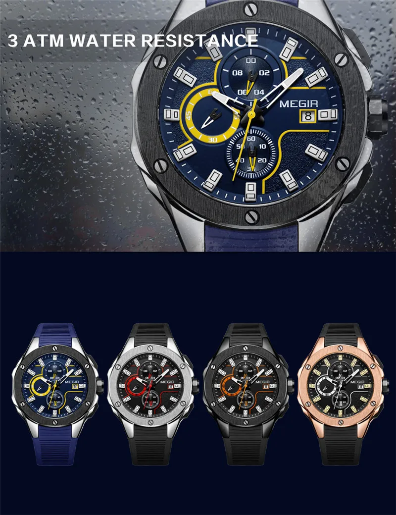 Relogio Masculino MEGIR Mužov Sledujte najlepšie Luxusné Značky, Chronograf Kalendár Športové Náramkové hodinky Vojenské Armády Gumy Muž Hodiny 2053