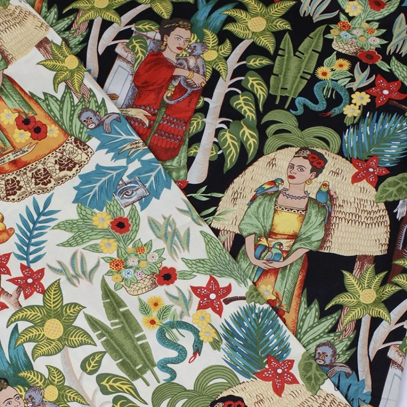 Retro Vietor Tkanina Bavlna Twill Tlačené Šaty Európsky a Americký Štýl Spojov Ručné Šitie DIY Frida Záhrada
