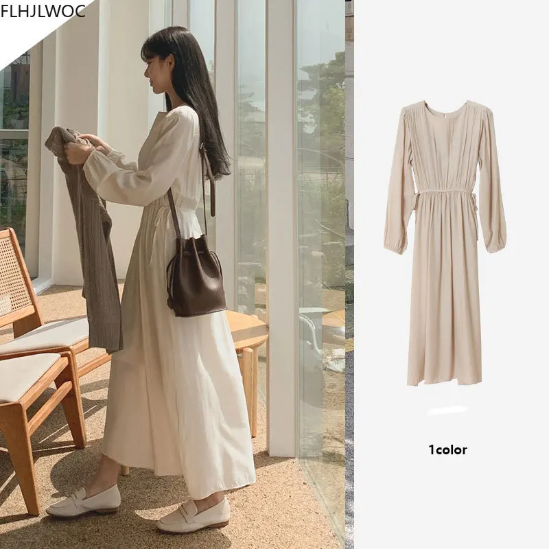 Retro Vintage Dlhé Šaty S Dlhým Rukávom O Krku, Pevné Roztomilý Kórea Japonsko Štýl Dizajnu Ženy Šaty