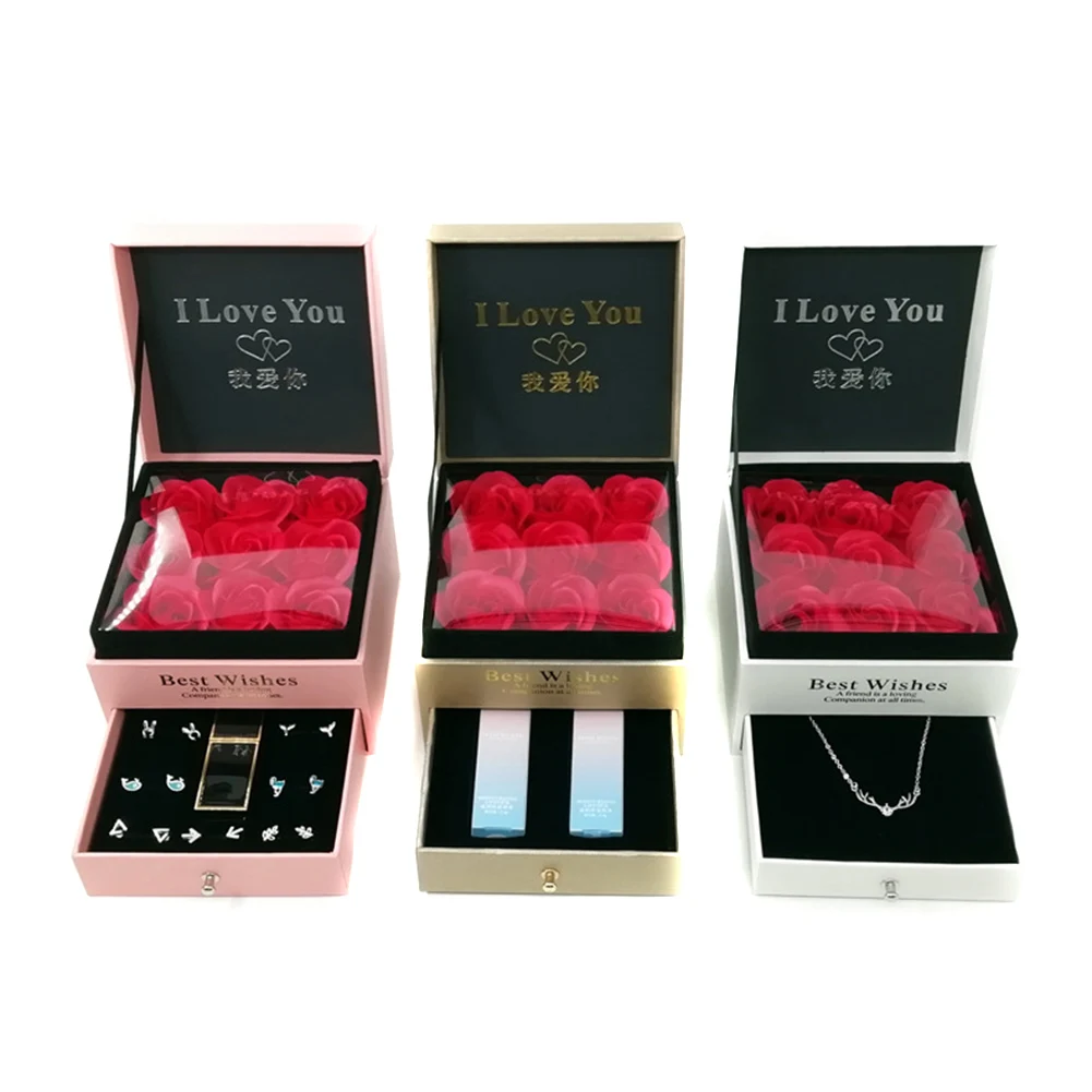Romantický Večný Kvet Úložný Box Ženy Šperky, Náušnice Box Valentína, Výročie Darčeky Príslušenstvo 12x12x9.5CM