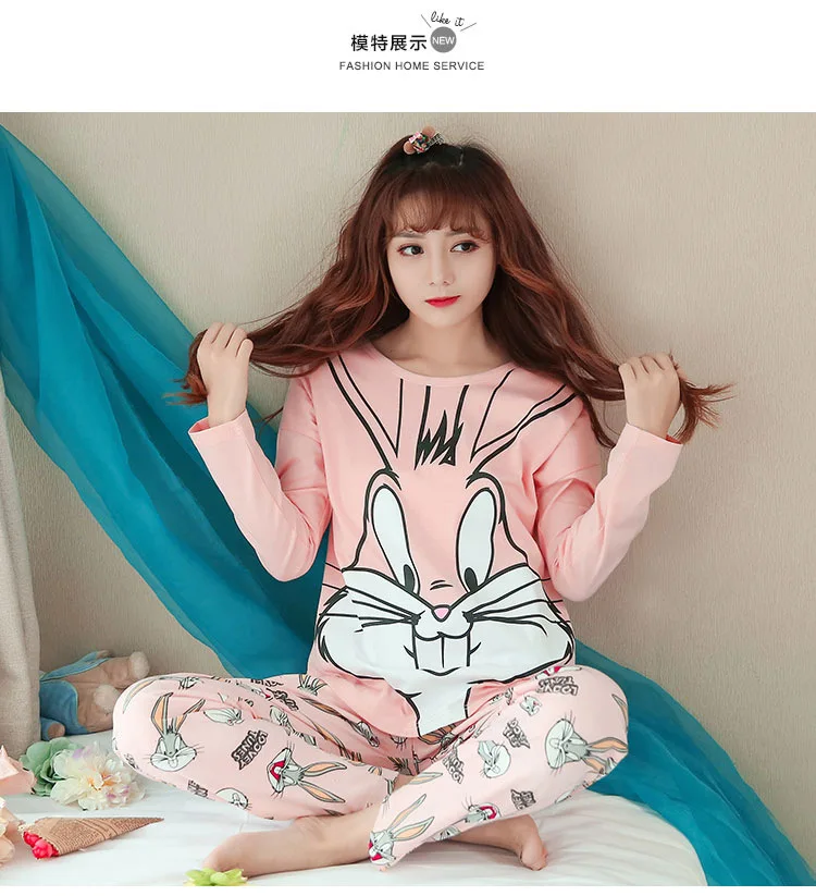 Roztomilý Pajama Nastaviť Ružová Bugs Bunny Ženy Pyžamo Jeseň Dlhé Rukávy Tlač Pyžamo Plnej Dĺžke Domáce Oblečenie