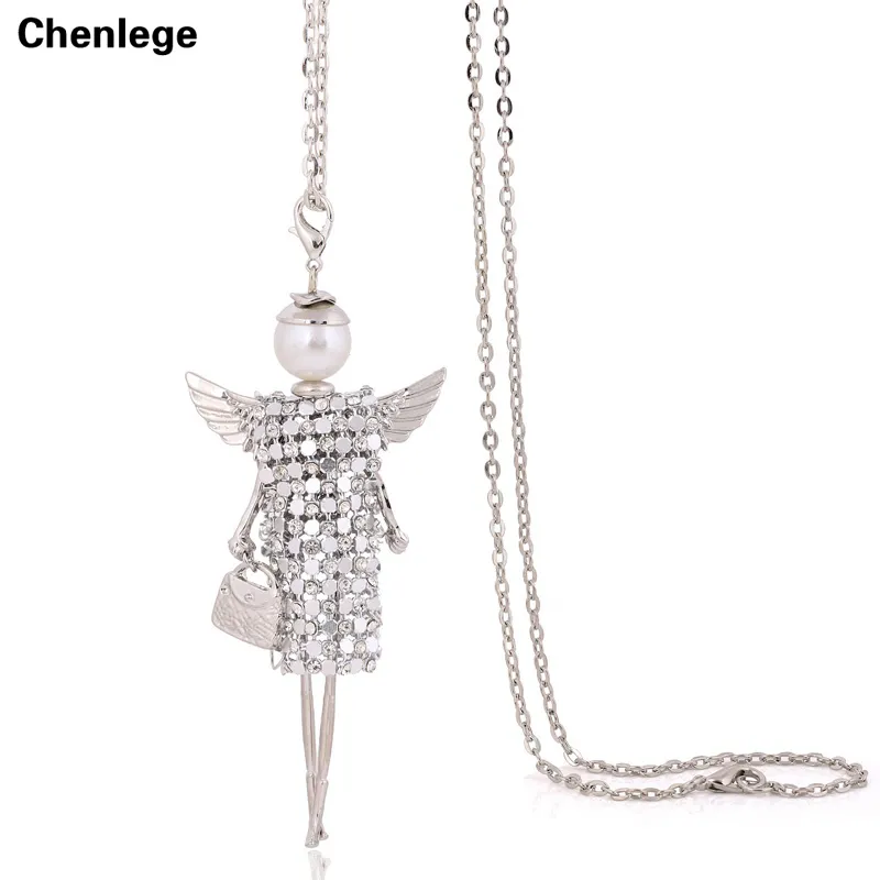 Ručné nový sveter CZ reťazec dlhý náhrdelník anjel krídla plný rhineston bábika náhrdelník šperky ženy chokers crystal dievča prívesok