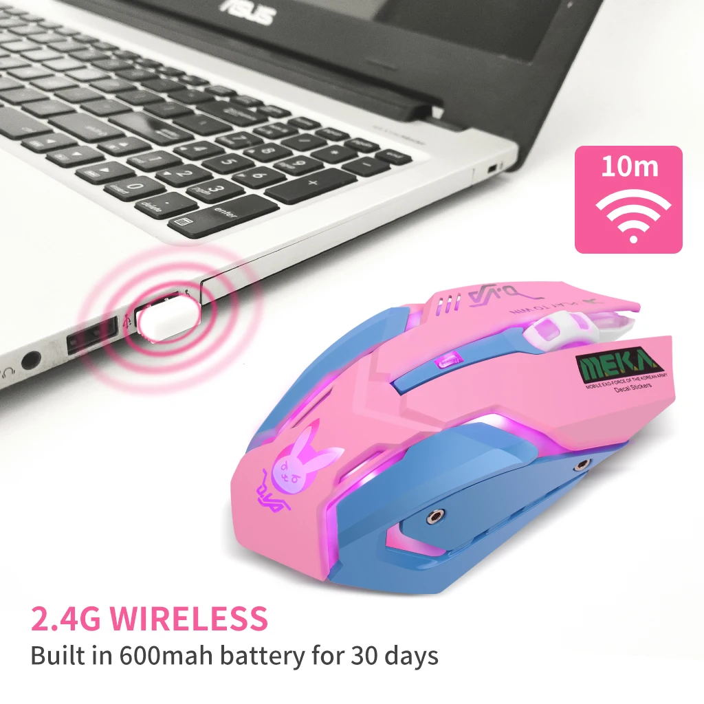 Ružová Bezdrôtový Herný Počítač Myš Nabíjateľná Optických Myší 2400 DPI Ergonomický USB Roztomilý PC Gamer Úrad Myši Pre Dievčatá Fialová