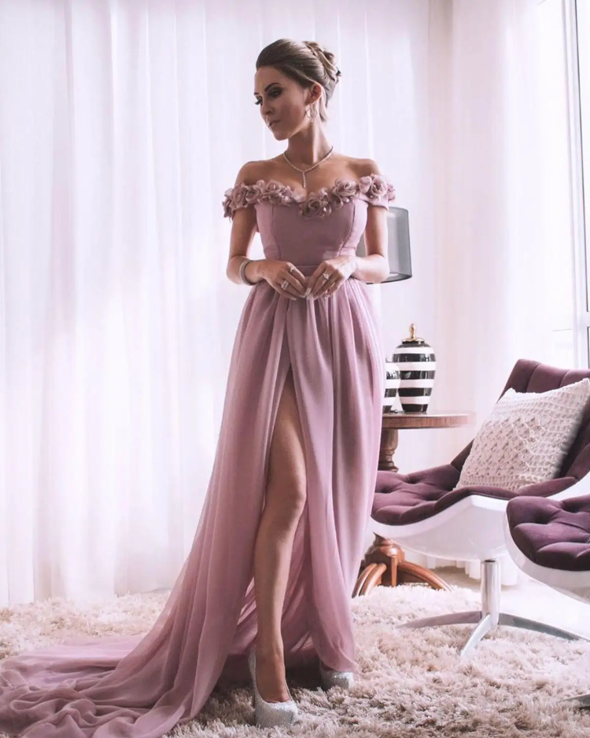 Ružová bridesmaid, šaty 2020 ramena ručne vyrobené kvety strane pozdĺžneho šifón čiary dlhé šaty ples svadobné party šaty