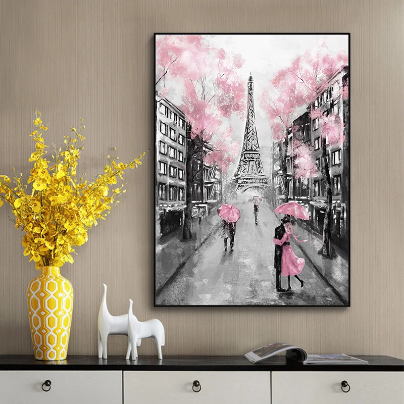 Ružová Romantické Mesto Pár Parížskej Eiffelovej Veže Krajiny olejomaľba na Plátne Plagáty a Vytlačí Cuadros Stene Obraz pre Decor