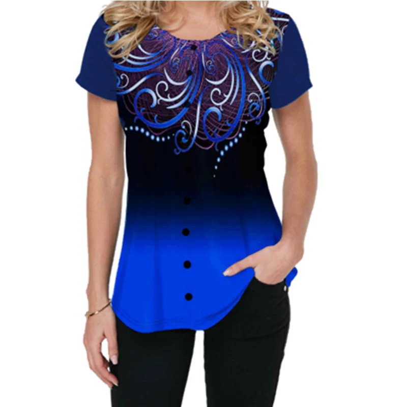 S-5XL Nadrozmerné Dámy Topy Bežné Krátky Rukáv Tlačidlo Plus Veľkosť Top Ženy Gradient 3D Print T Shirt Lete Nové Módne Oblečenie
