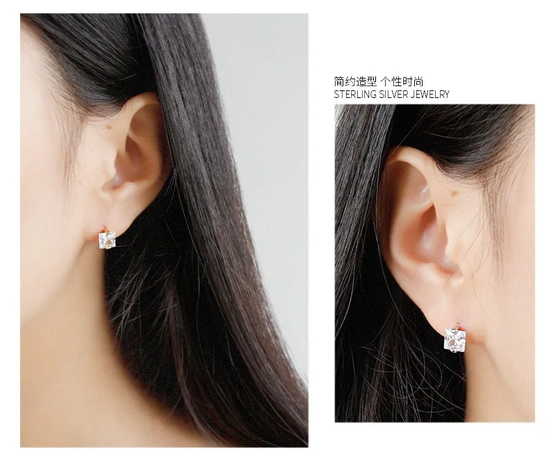 S925 šterlingov strieborné náušnice jednoduché zirkón geometrické námestie ucho, kosti ucho pracky uchu krúžok módny žena dievča strieborné šperky v uchu