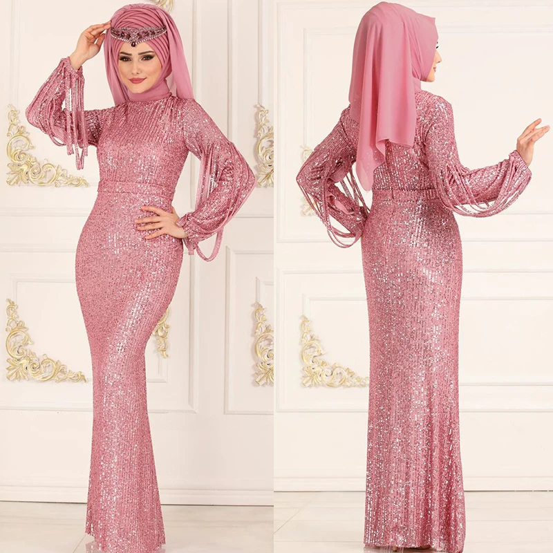 Sequin Strapec Fishtail Maxi Morská Víla Šaty Žien Moslimských Abaya Party Šaty Ušľachtilý Slim Bodycon Predsedal Dubaj Islamské Oblečenie