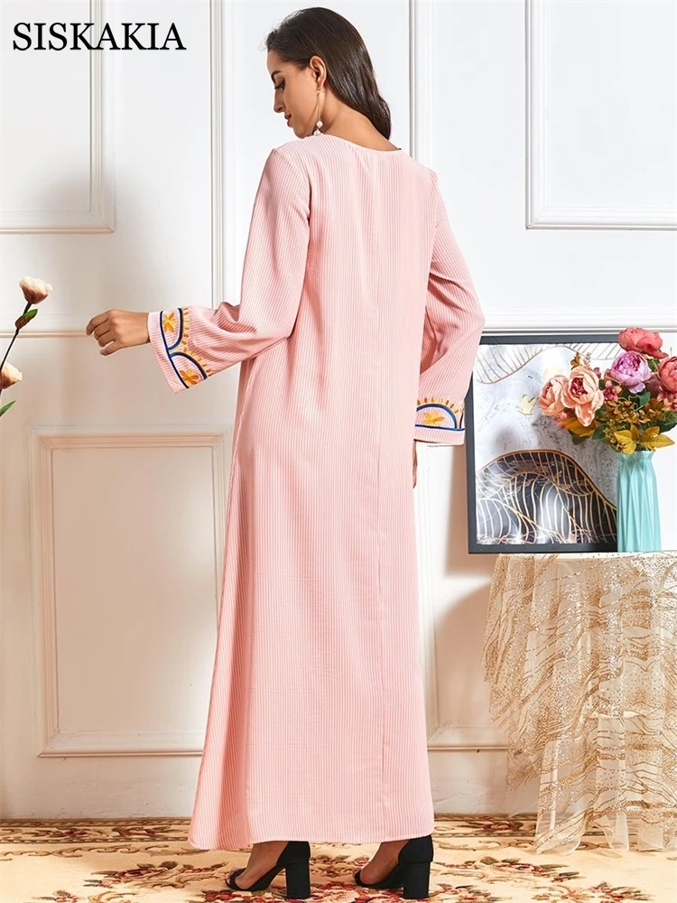 Siskakia Ružová Prekladané Etnických Vyšívané Maxi Šaty pre Ženy, Plus Veľkosť O Krk Dlhý Rukáv Moslimského Turecka arabčina Oblečenie 2020 Nové
