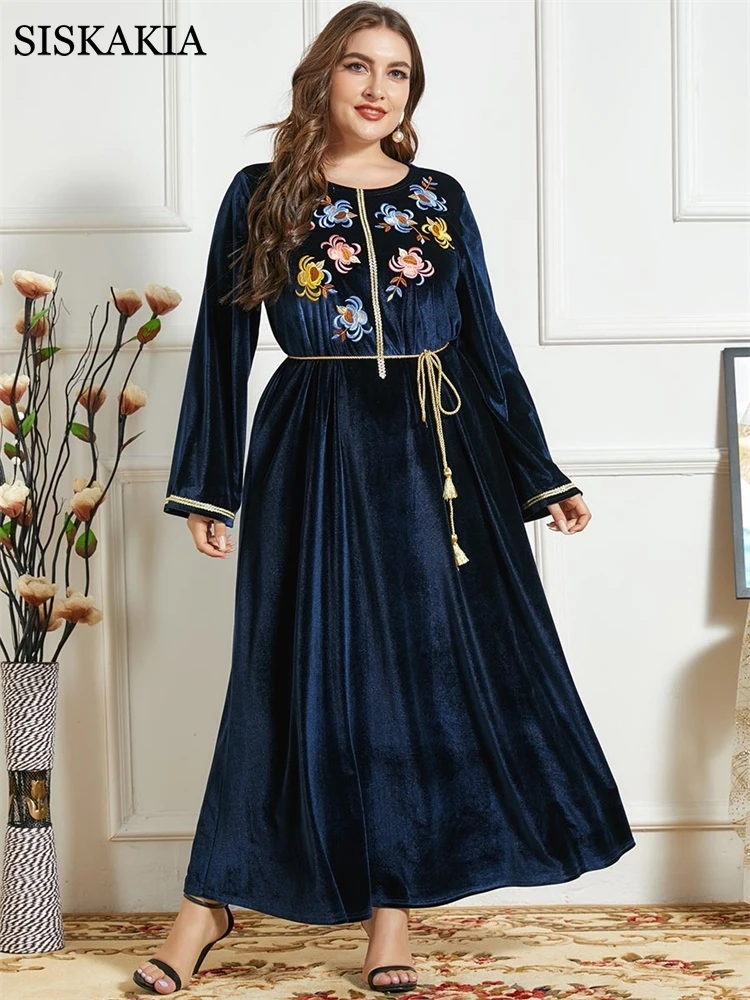 Siskakia Velvet Výšivky Maxi Šaty pre Ženy, Jeseň Zima 2020 Plus Veľkosť O Krk Dlhý Rukáv arabské Moslimské Turecko Oblečenie Navy