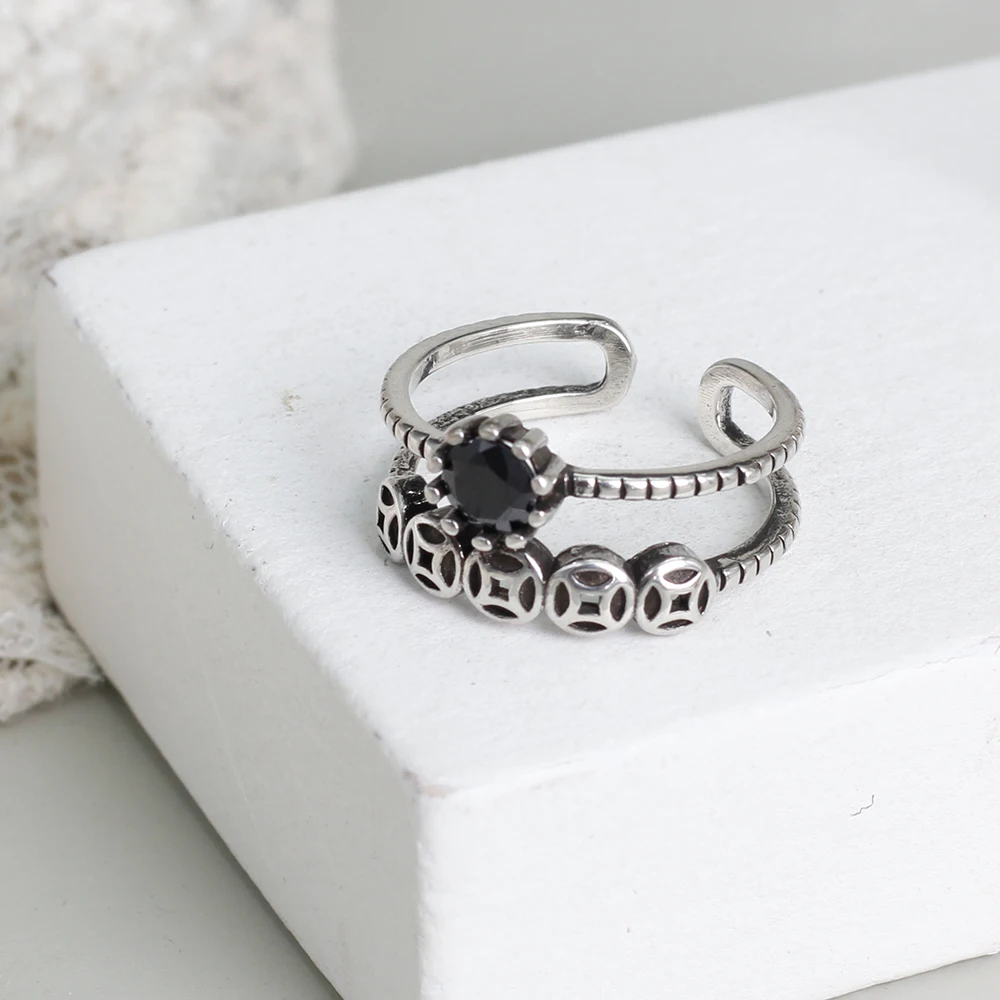 Skutočné 925 sterling silver prst prstene pre ženy Trendy jemné Šperky Veľké Nastaviteľné Starožitné Krúžky Anillos black zirkón