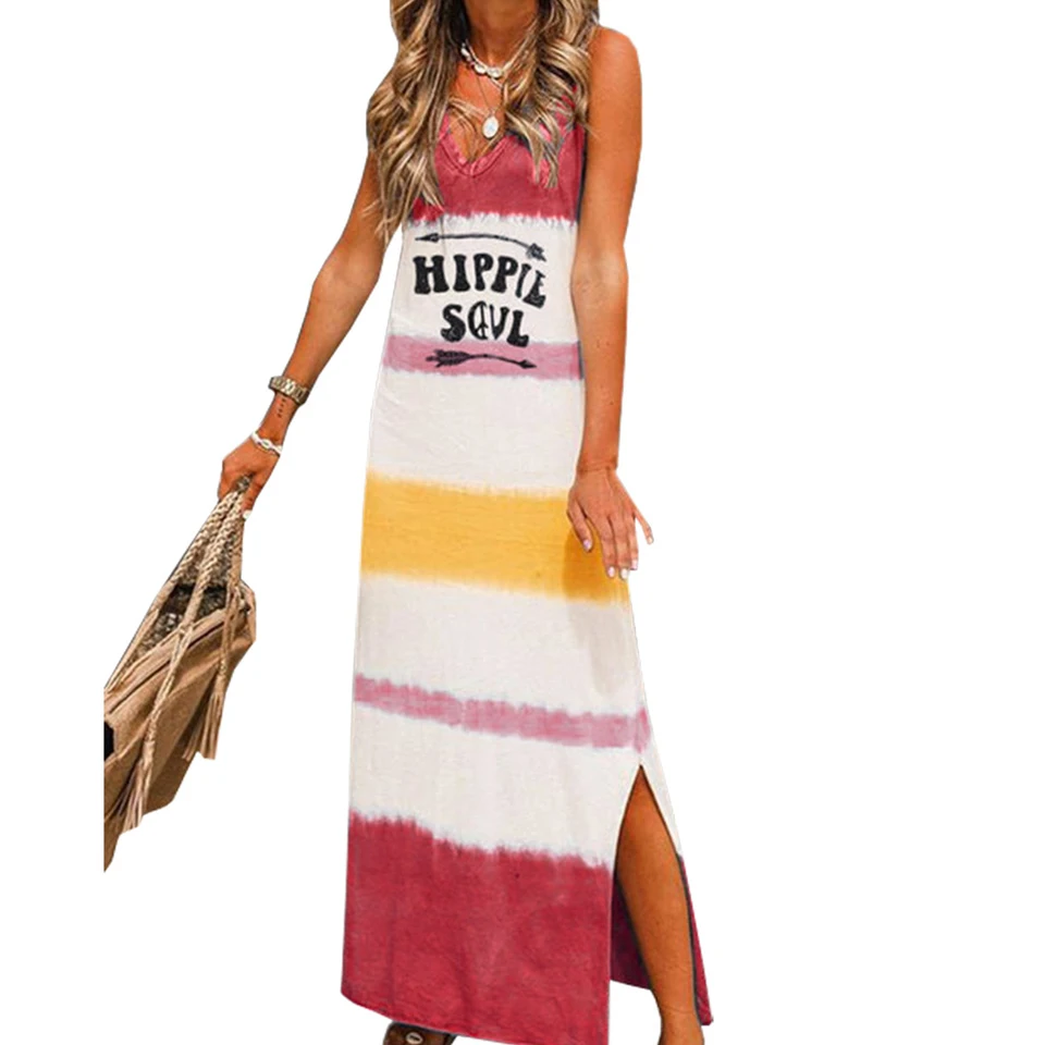 Slogan Hippie Duše Boho Oblečenie Tlač Farebný Prúžok Dlhé Šaty Otvorené Bočné Sukienka Hlboko V Krku Šaty Ženy Bez Rukávov Sundress