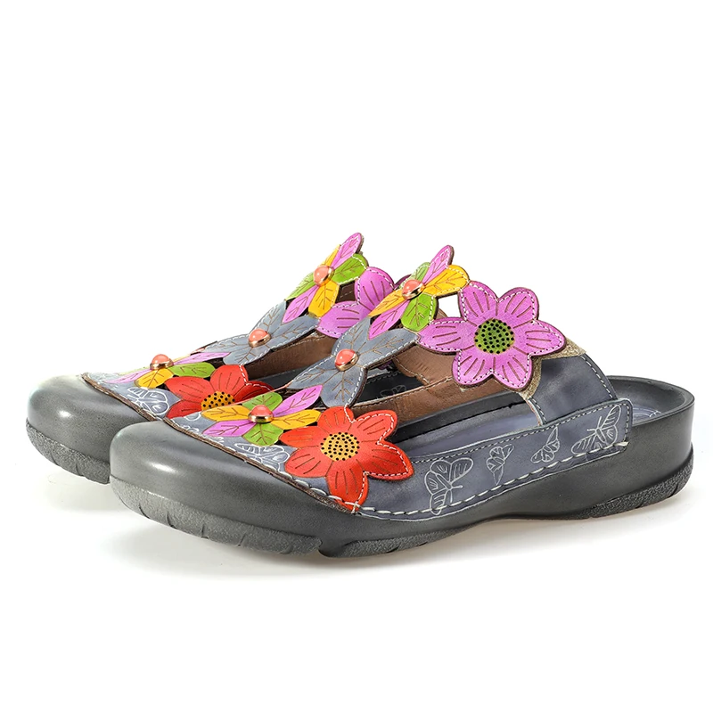 Socofy 2020Women Retro Originálne Kožené Sandále Spojov Kvety Vzor Nastaviteľné Slučky Ploché Sandále Ručne maľované Vintage Topánky