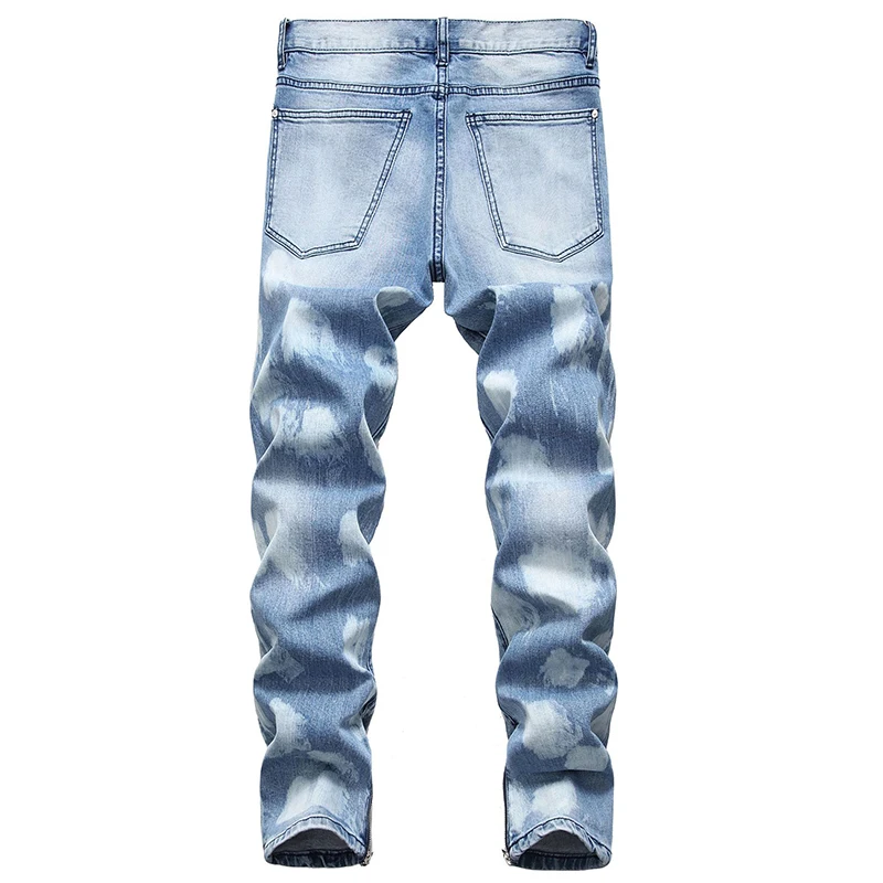 Sokotoo Mužov zipsy roztrhané džínsy Plus veľká veľkosť svetlo modrú kravatu a farbené otvory patchwork džínsové nohavice Tlačidlá lietať nohavice