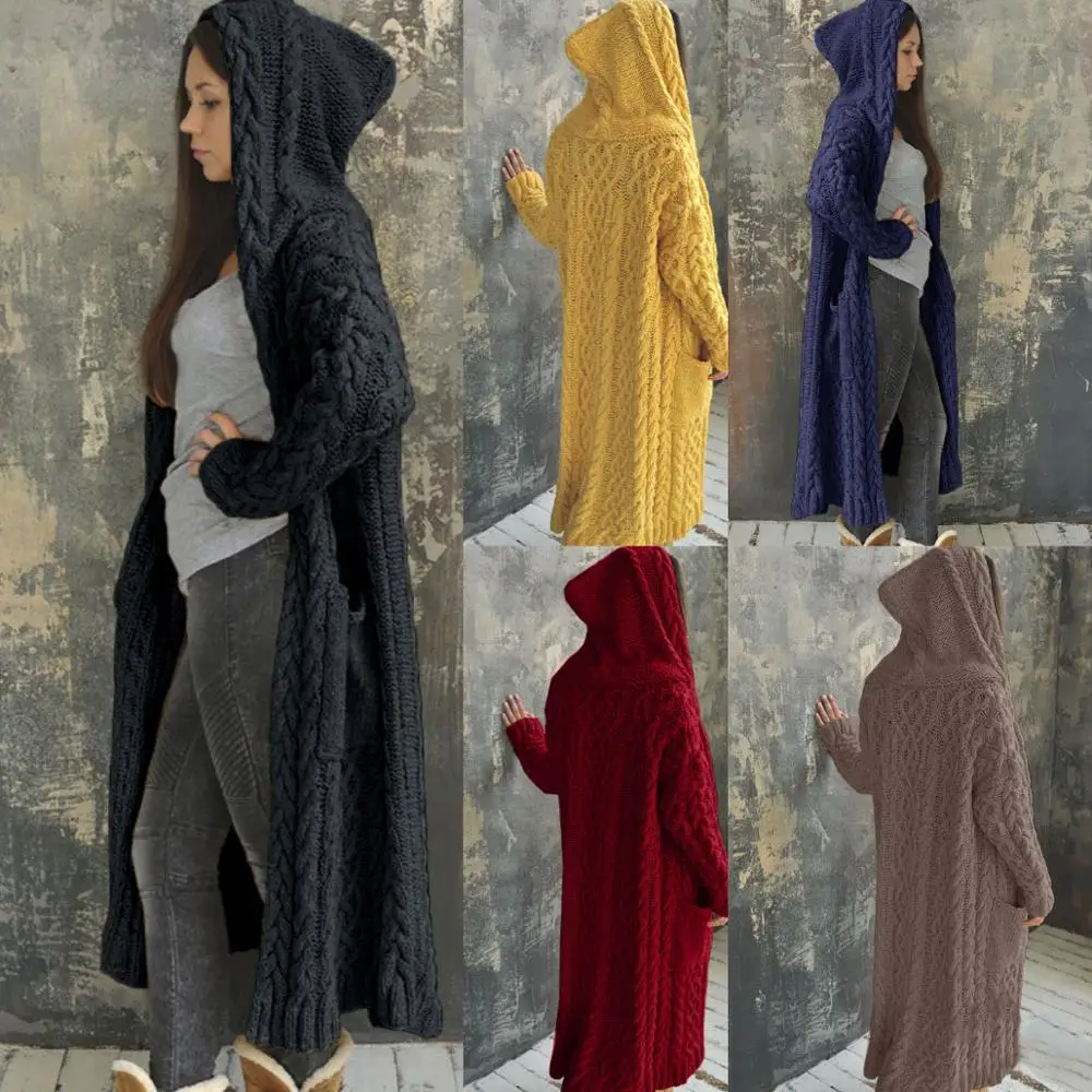 Sveter Dlhý Sveter Ženy Zimné Príležitostné Voľné Sveter Žena Jeseň Lístkového Plus Veľkosť Kabát S Kapucňou 2020 Vintage Cardigan Mujer