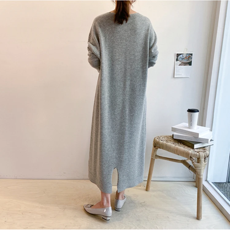 Svetlo luxusné kórejský tvaru stredná dĺžka cashmere sveter sukne pre ženy, voľné koleno Pulóver šaty vlna pletenie