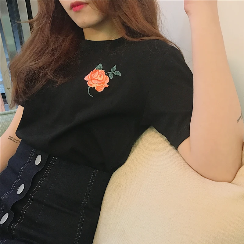 T-košele Ženy Kvetinové Výšivky Harajuku Dámske Elegantné O-Krku, Krátke Voľné Dámske tričká Sladké Bežné kórejský Štýl Dievčatá