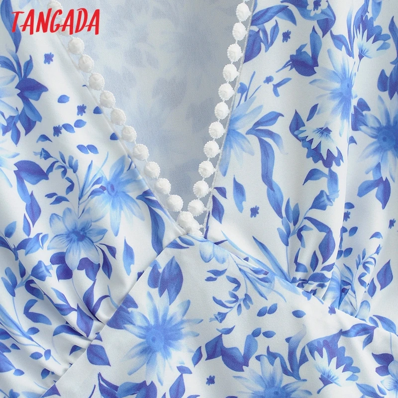 Tangada Módne Ženy Čipky Patchwork Modré Kvety Tlače Šaty V Krku Dlhý Rukáv Dámske Mini Šaty Vestidos SY173