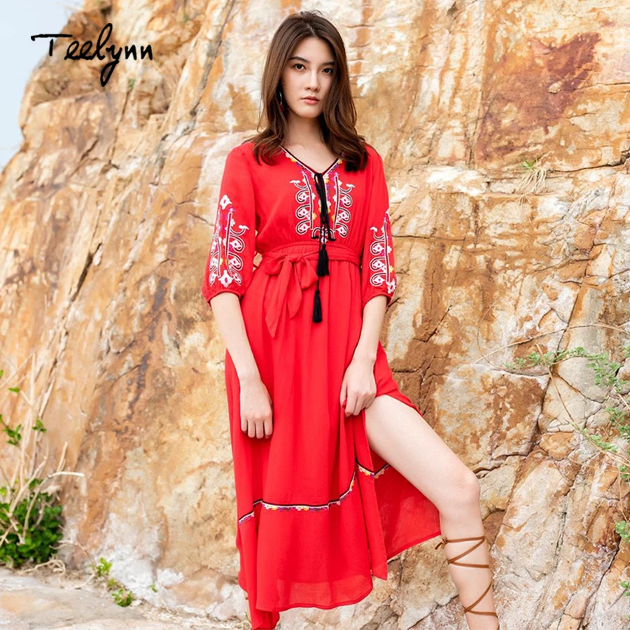 TEELYNN dlho Boho šaty pre ženy, etnické kvetinové Výšivky červená bavlnené šaty Bežné Elastický pás šaty Hippie šaty vestido