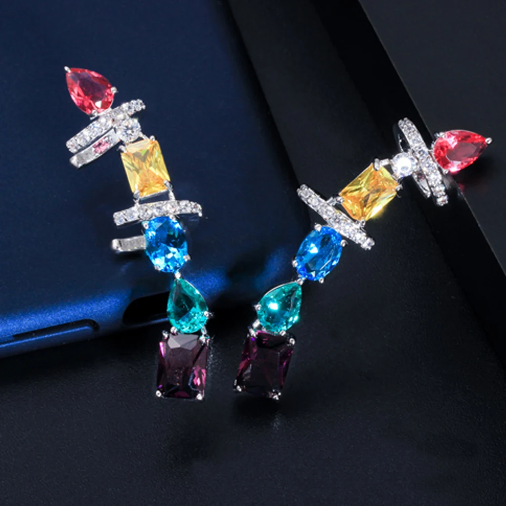 ThreeGraces Jedinečný Multicolor Kubických Zircoina Crystal Putá Dlho Klip Stud Náušnice pre Ženy Vianočný Večierok Šperky Darček ER319