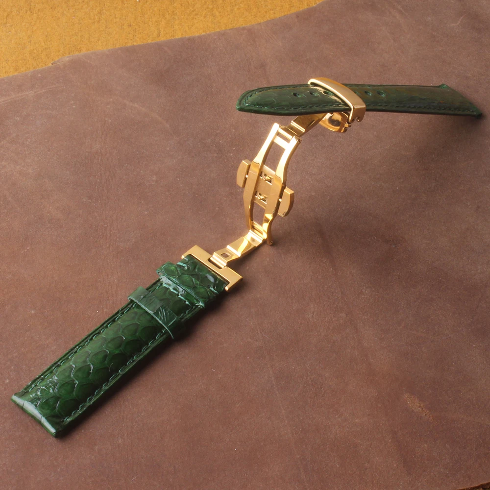 Top kvalita Zelená skutočný had Teľa Kožené +cowhide kožené Watchbands Pásik Zelený 18 mm 20 mm 22 mm gold motýľ, pracka Pre Pánske
