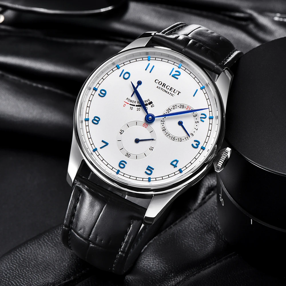 Top značky 42mm Corgeut Vojenské striebro prípade Power Reserve nepremokavé seagull pohybu automatické pánske top luxusné hodinky Športové