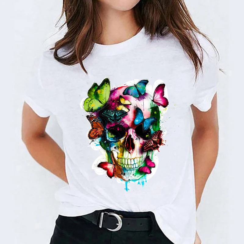 Tričko pre Ženy Tlač na Kvetinový Kawaii Lebky Motýľ Halloween Tlač Lady T-shirts Ženský Čaj Top Dámske Grafické T-Shirt