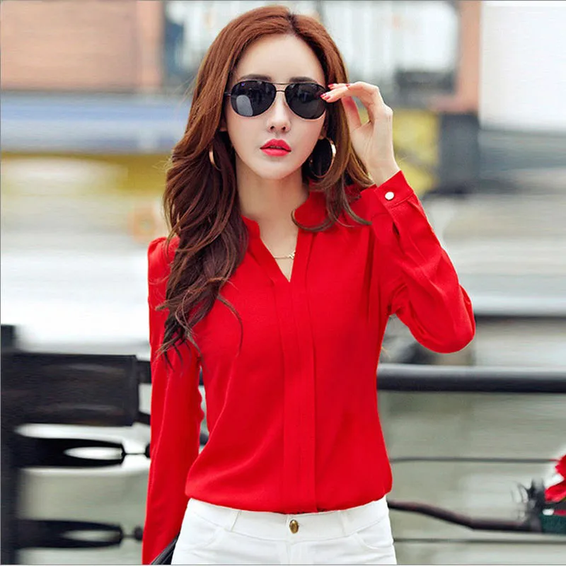 Tričko s dlhým Rukávom Ženy Jeseň Oblečenie Móda Slim Šifón Blúzka V Krku kórejský Elegantné Dámy Office Košele Biele Červené DF2324