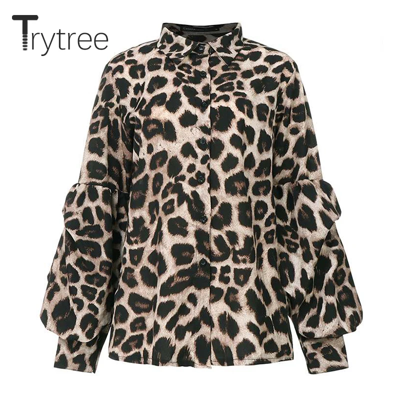 Trytree 2021 Jar Jeseň Ženy Blúzka Bežné Zase dole Golier Svietidla Rukáv Nadrozmerná Tričko Office Lady Leopard Topy Pre Ženy