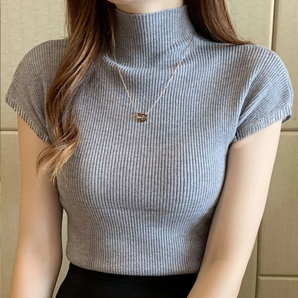 Turtleneck Ženy Zrastov Tričko Kórejský 2020 Lete Krátky Rukáv Pevné Knitwear Žena Slim Fit Topy Tee Elegantné Dámy T-Shirts