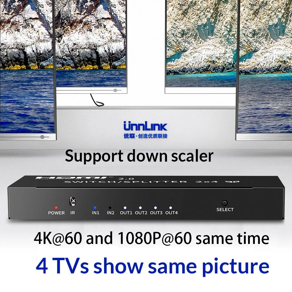 Unnlink kompatibilný s HDMI 2.0 2 V 2/4 Sa HDCP2.2 4K@60Hz HDR Prepínač Splitter 2x2/4 Optické 3,5 mm Audio pre TV Projektor PS4 xbox