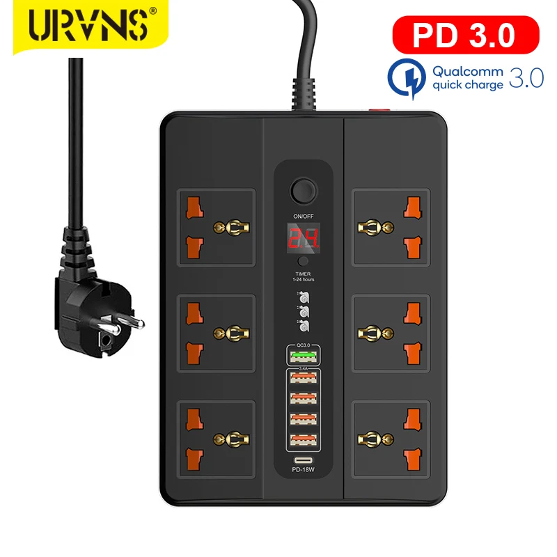 URVNS 2500W Power Strip 6 Zásuvky s QC3.0 PD USB Rýchle Nabíjanie, Elektrické Časovač prepäťovú ochranu UK Plug Predlžovací Kábel Zásuvka