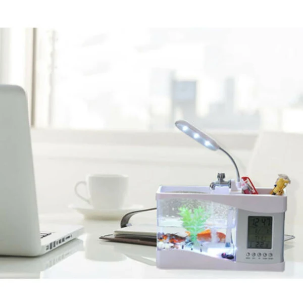 USB Desktop Mini akvárium Akvárium LED Žiarovka Svetla LCD Displej Hodiny pre Domáce Kancelárie BJStore
