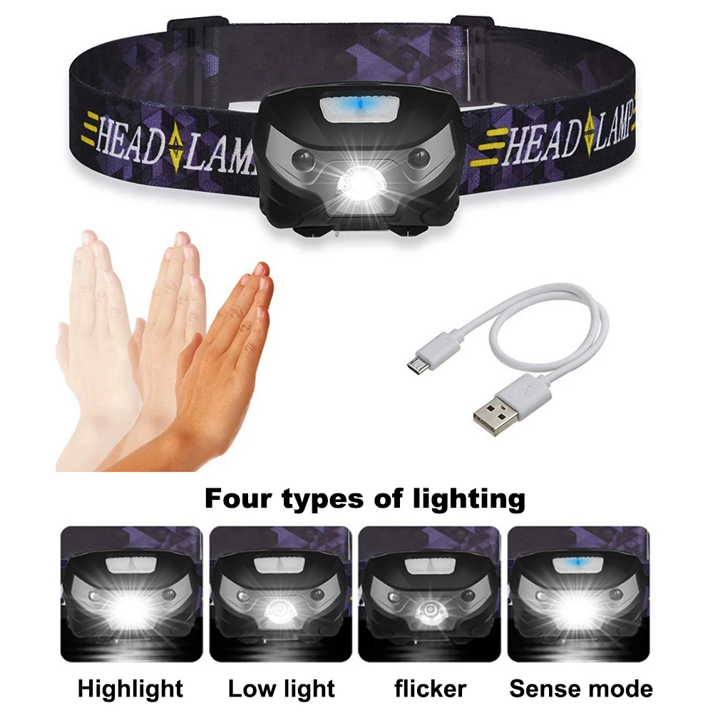 USB Nabíjateľné Svetlomety LED Svetlomet Senzor Svetlometu Kempovanie, Rybárske Vedúci Svetlo Baterky Baterky Čelo Svetlo Svietidla