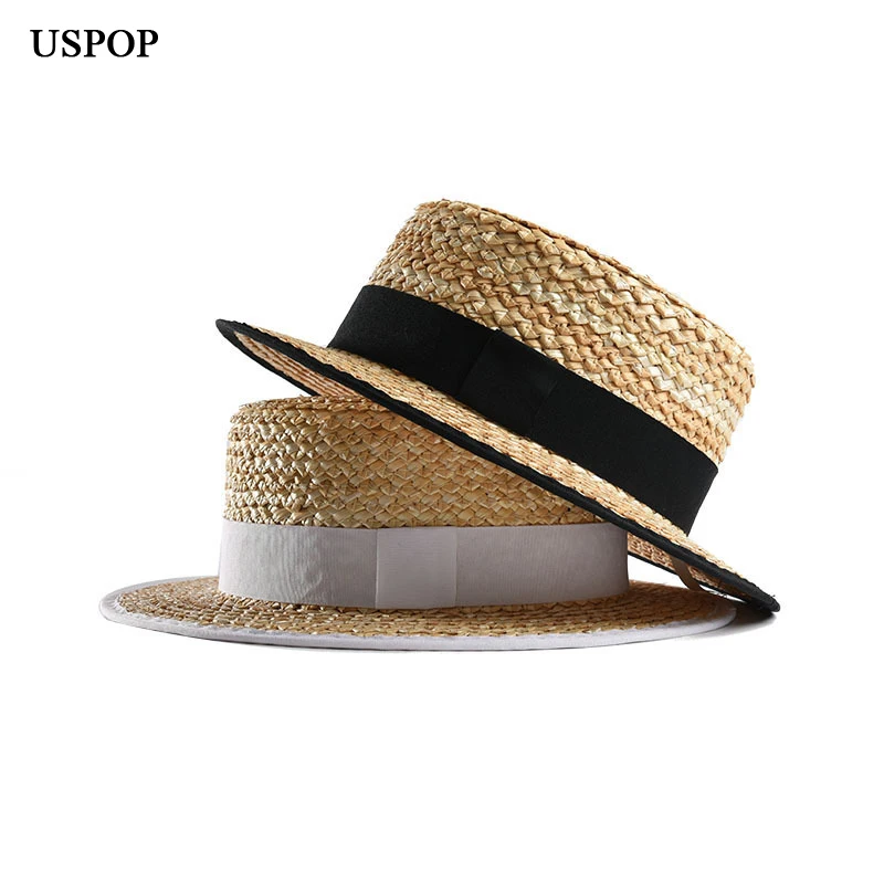 USPOP ženy slamy slnko čiapky letné prírodné slamený klobúk flat top slnko klobúk ženy pláž hat slamy fedoras