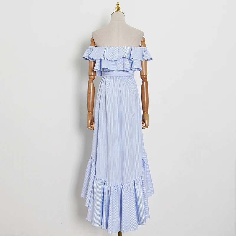VGH Modré Pruhované Šaty Pre Ženy Mimo Ramenný Vysoký Pás Patchwork Prehrabať Bowknot Slim Asymetrické Žena Sexy Šaty 2020 Nové